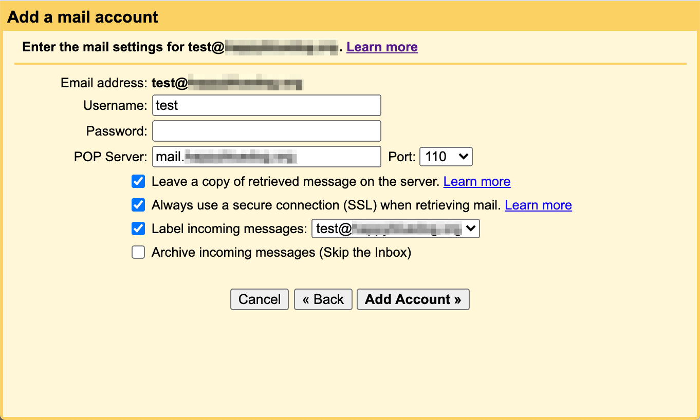 Entering email account details to connect Gmail with a custom domain.