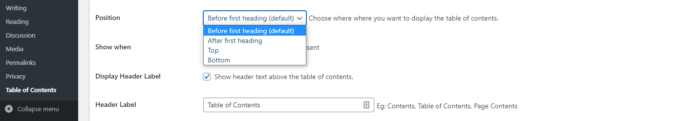 The position settings dropdown