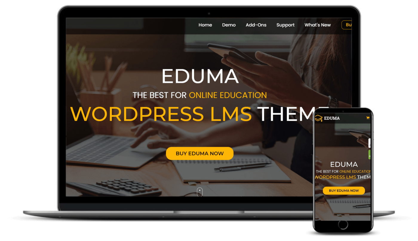 The Eduma theme on desktop and mobile.