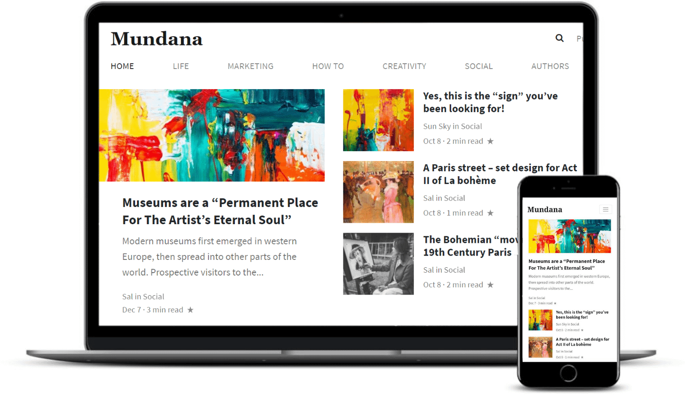Mundana theme on desktop and mobile.