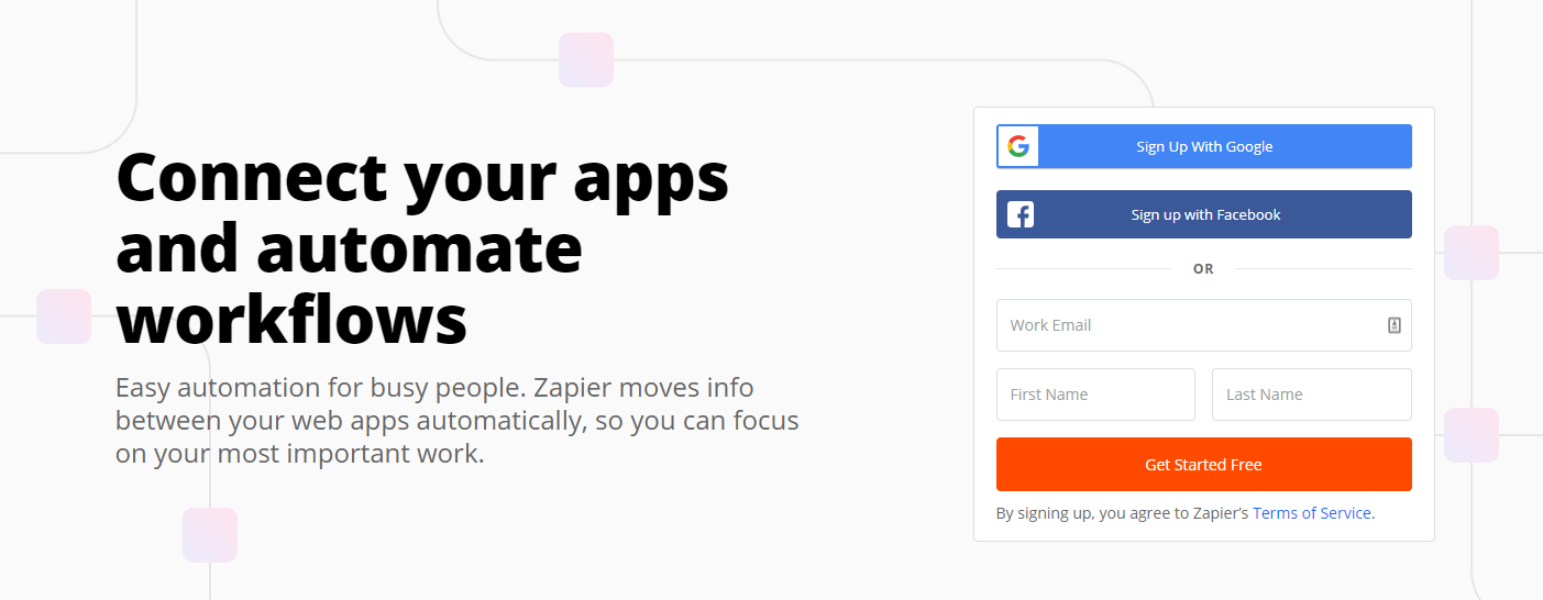 The Zapier homepage to create WooCommerce recipes.