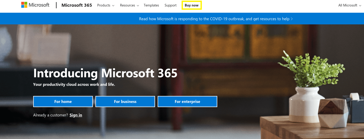 The Microsoft 365 website - another great place to create a business email address