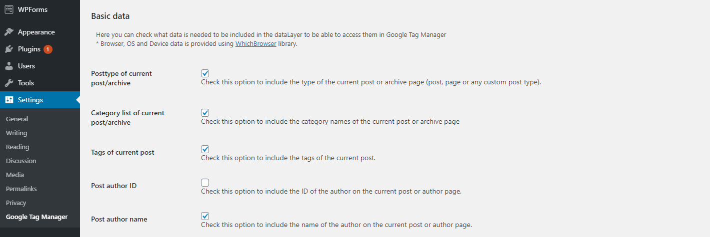 Configuring the Tag Manager for WordPress plugin.