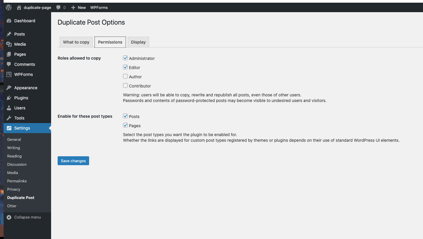 The duplicate post plugin options for permissions