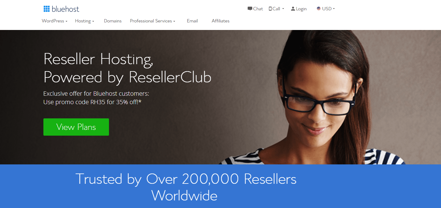 Bluehost's hosting reseller page.