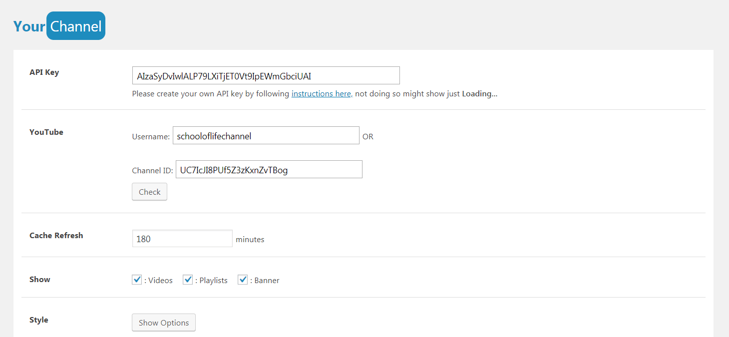 The YourChannel plugin settings.