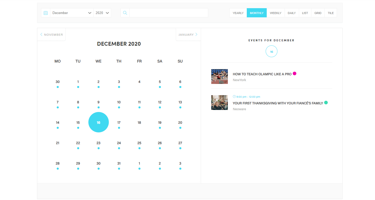 Example events calendar created with one of the best WordPress calendar plugins Modern Events Calendar.