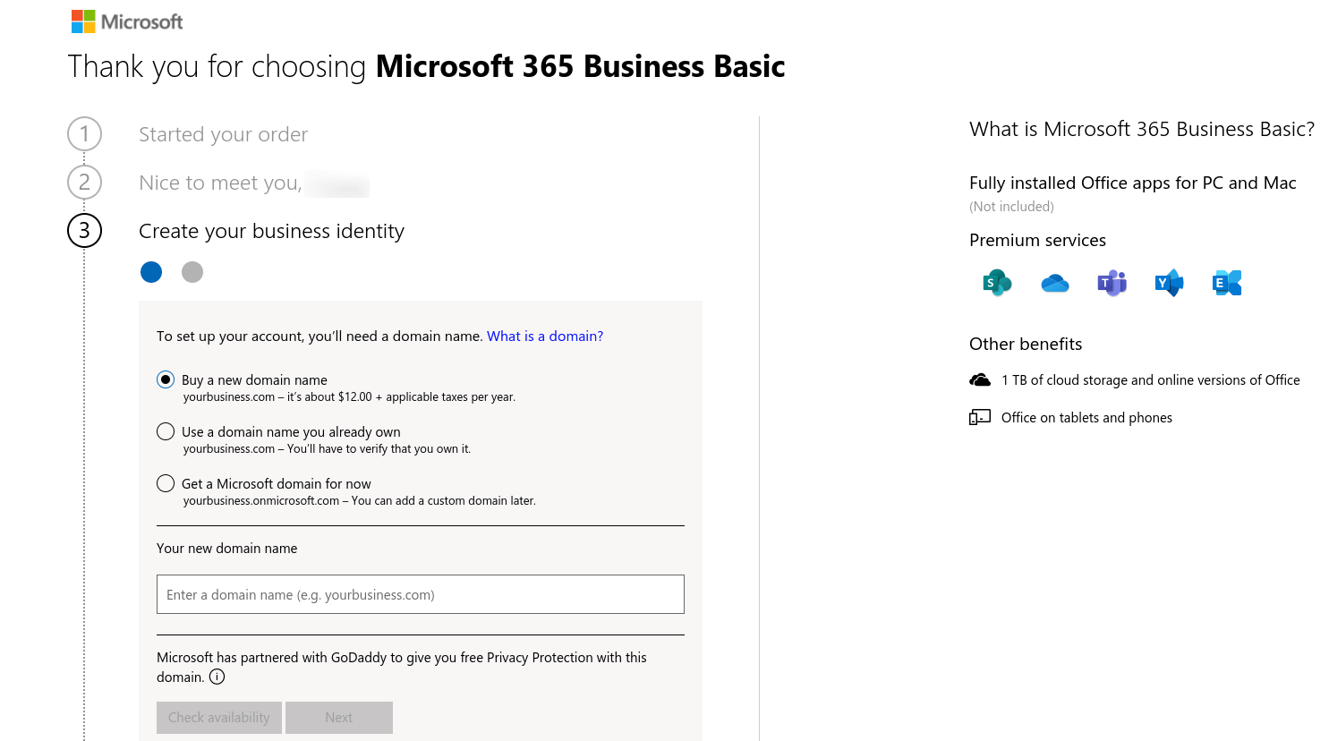The option to use a domain name to create a Microsoft 365 business email address.