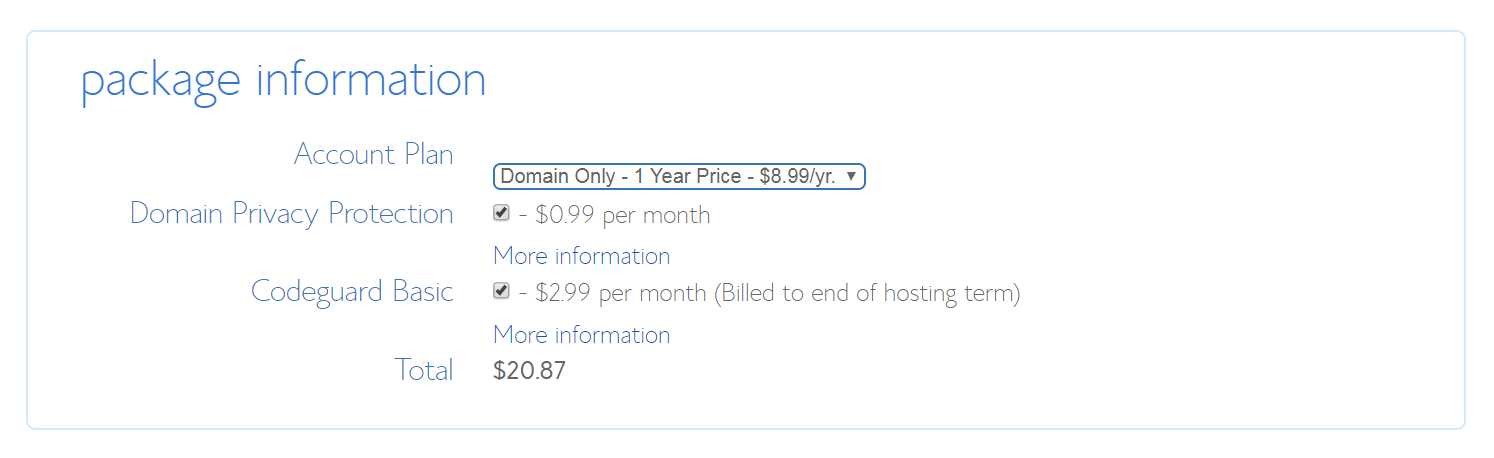 The form for buying a domain name through BlueHost.