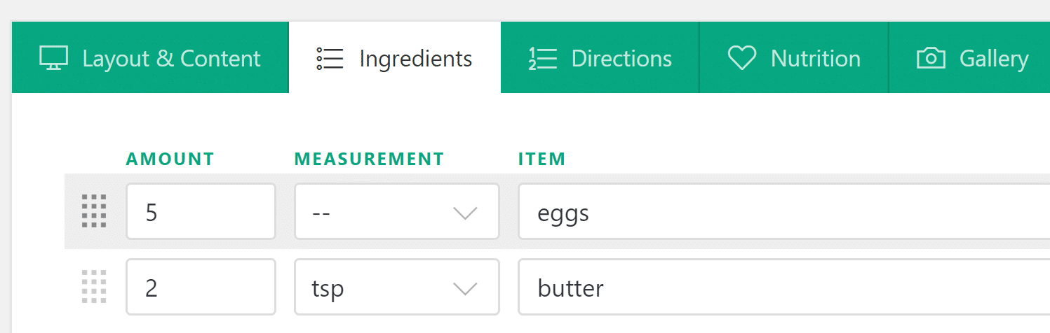 Setting your recipe's ingredients.