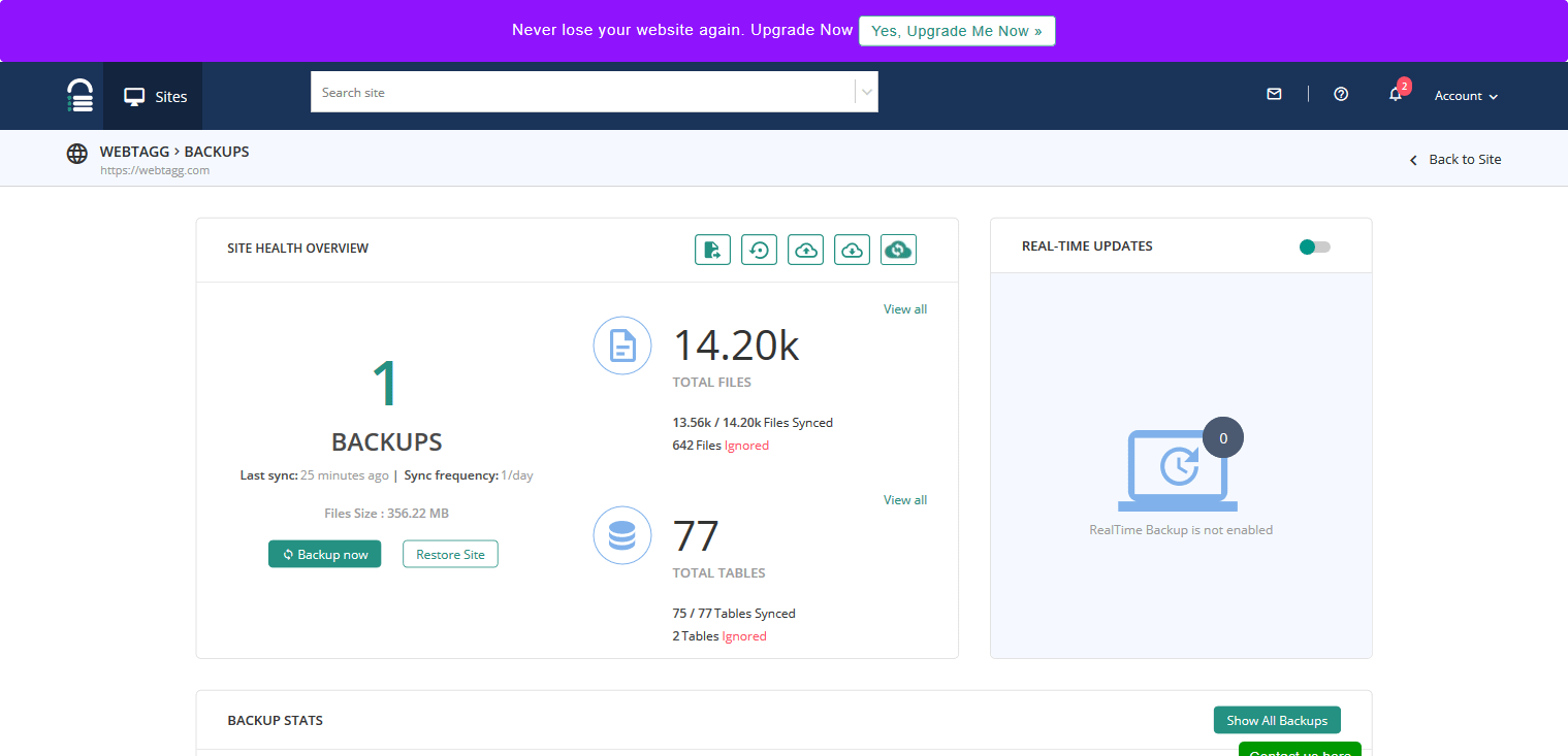 BlogVault cloud dashboard showing WooCommerce backup