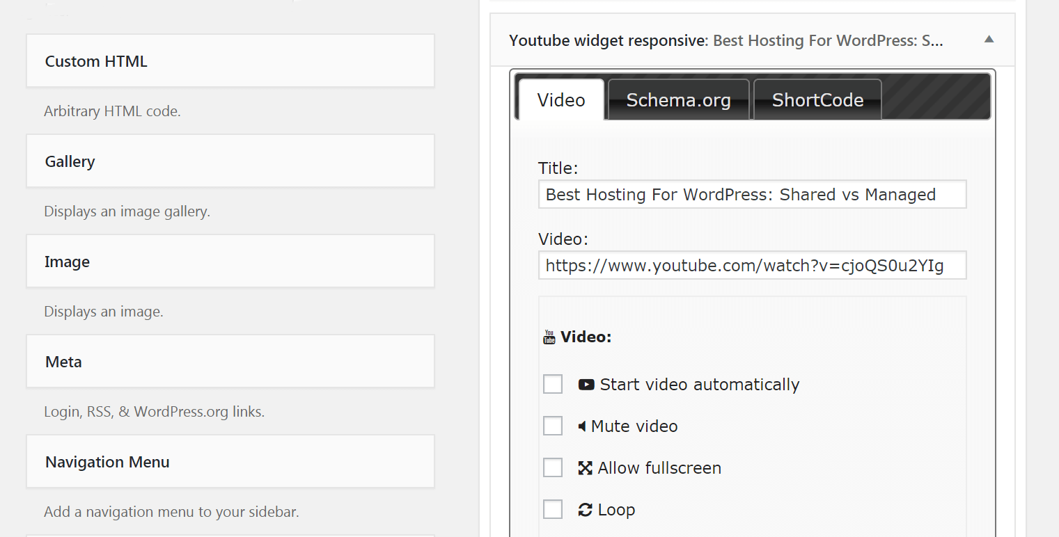 The settings for your YouTube widget.