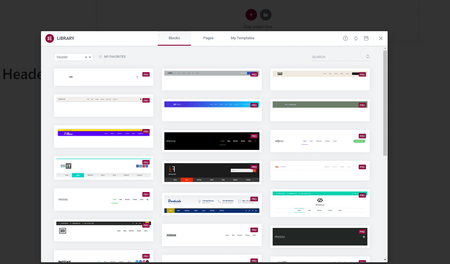 Selecting an Elementor header template