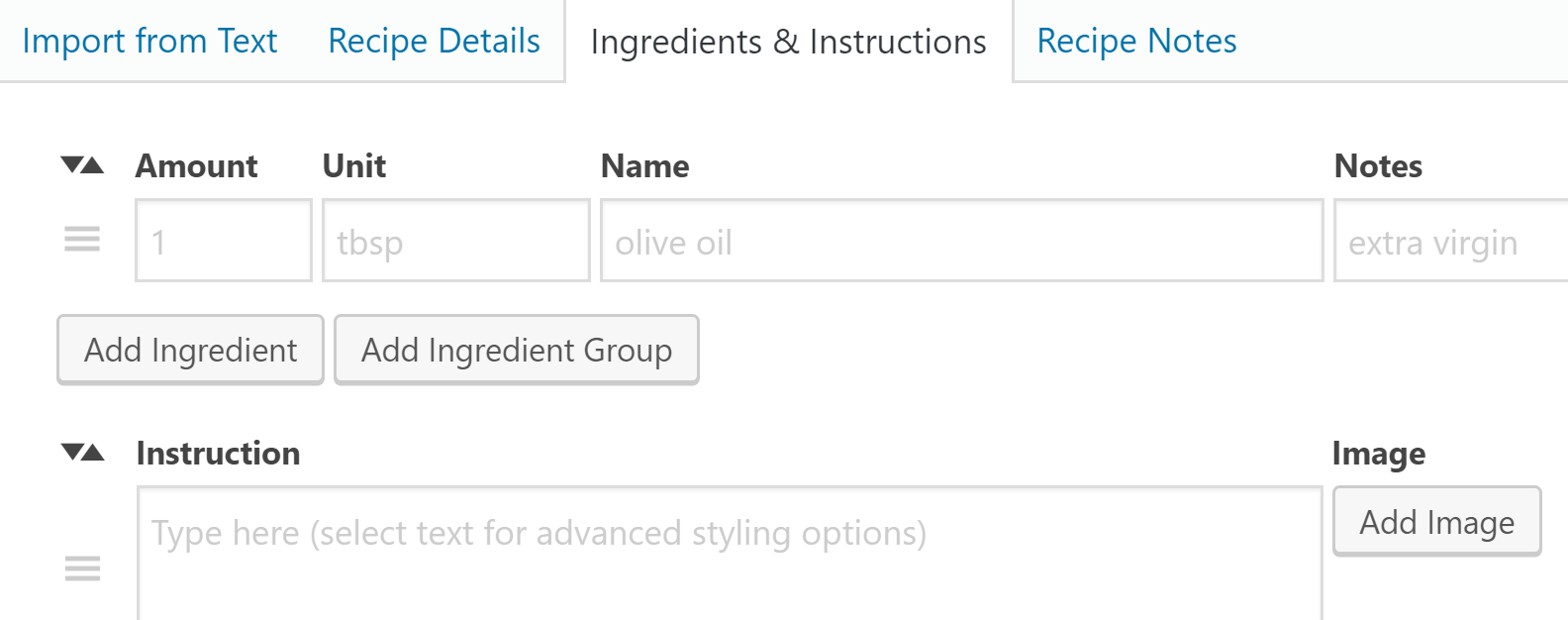 Adding instructions and ingredients to your new recipe.