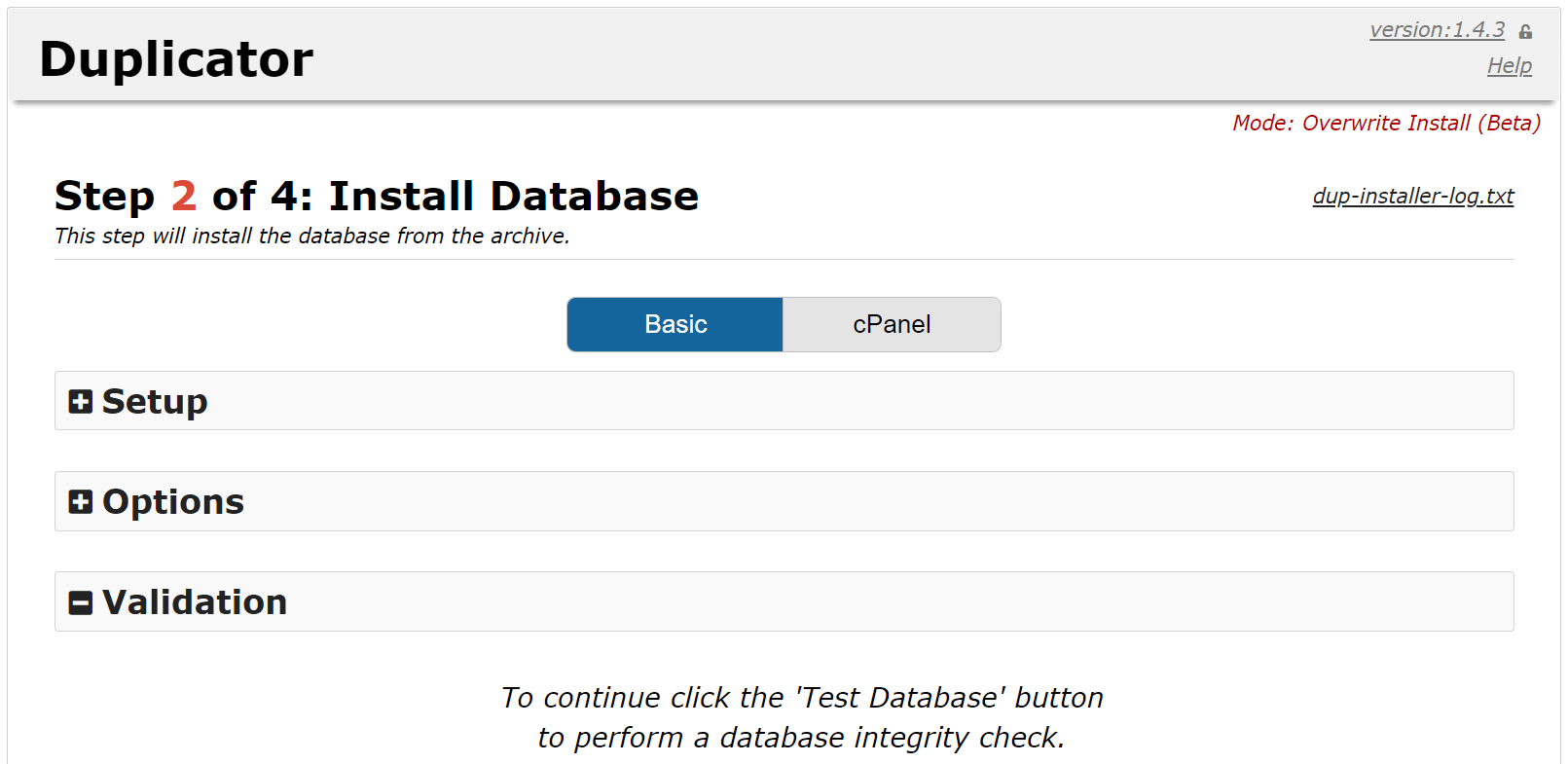 Installing a new database with Duplicator. 