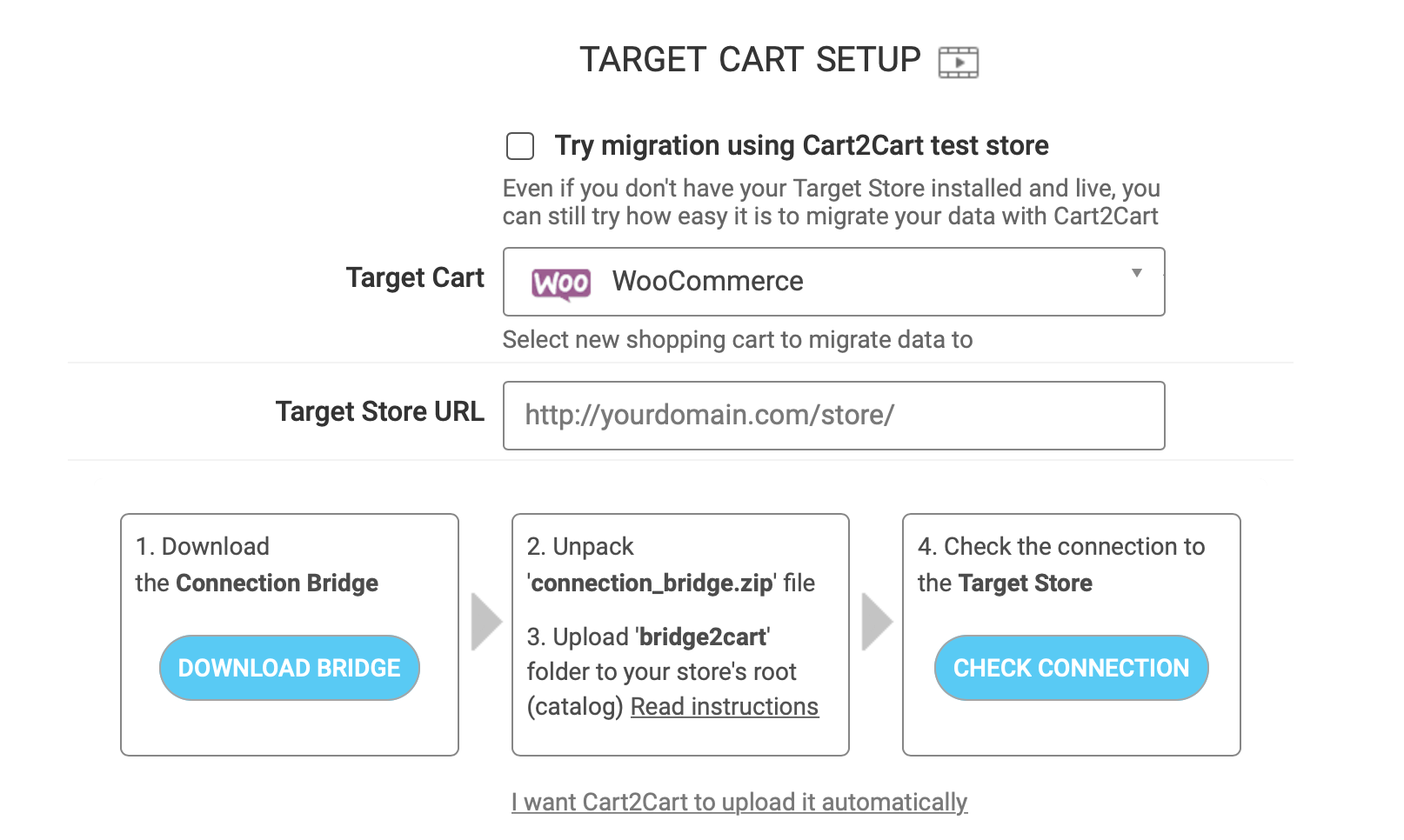 The Cart2Cart Target Cart Setup input screen to migrate Shopify to WooCommerce