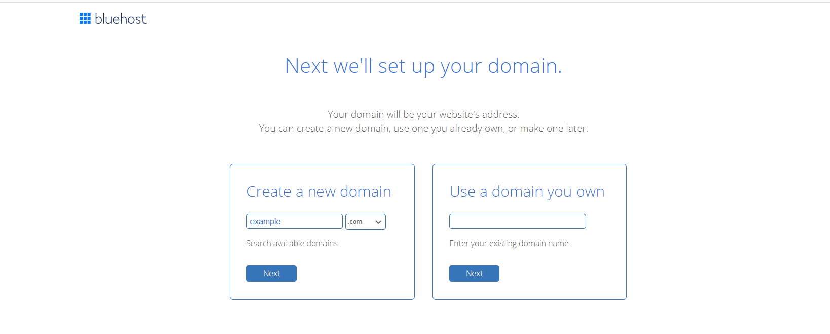 Choosing a domain name while signing up for Bluehost hosting.