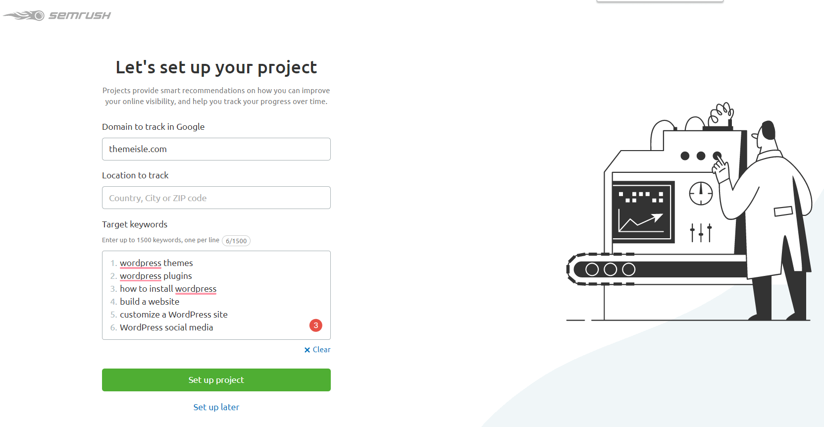 set up a project - SEMrush review