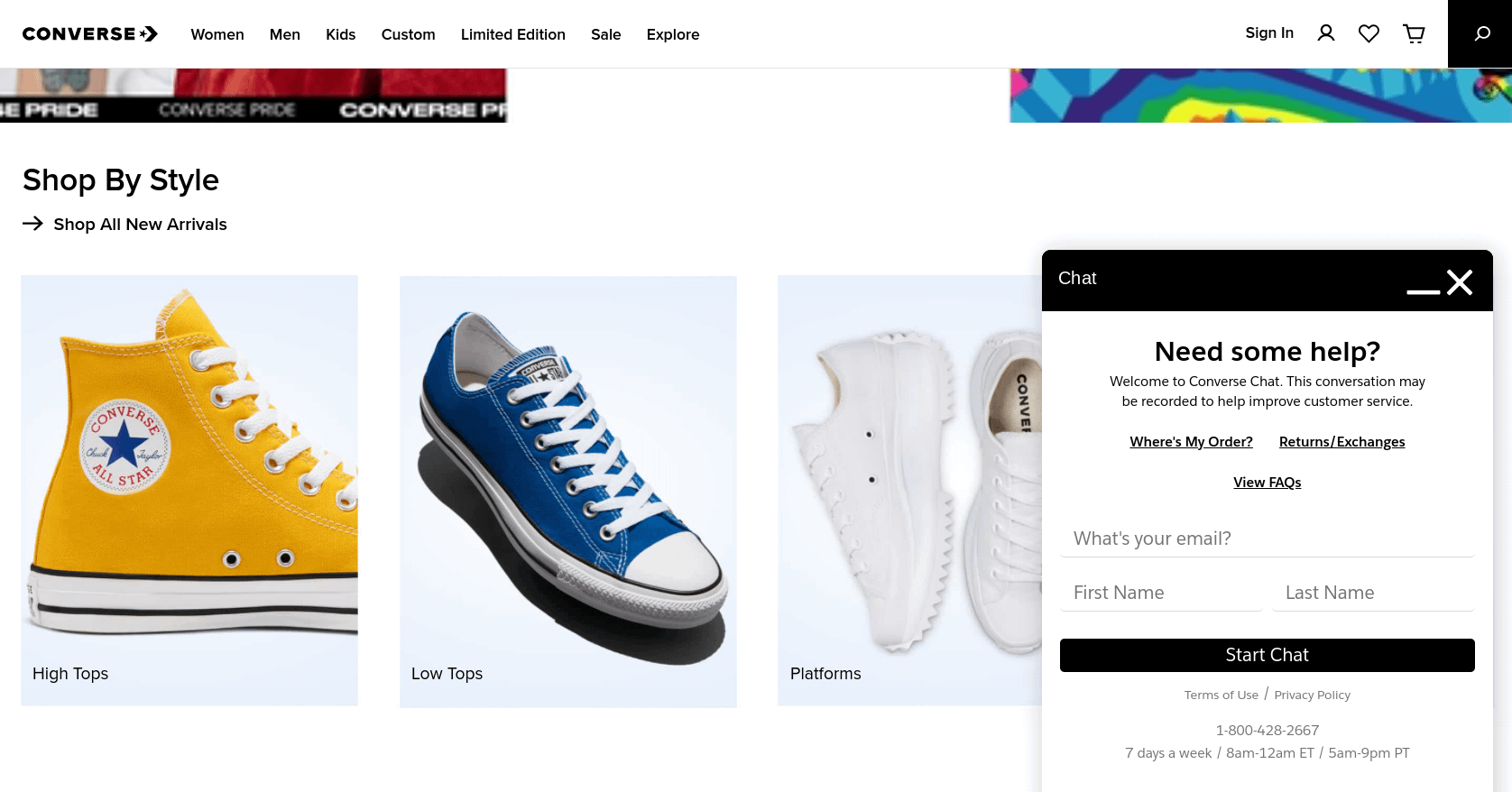 An example of an eCommerce chatbot on the Converse website.