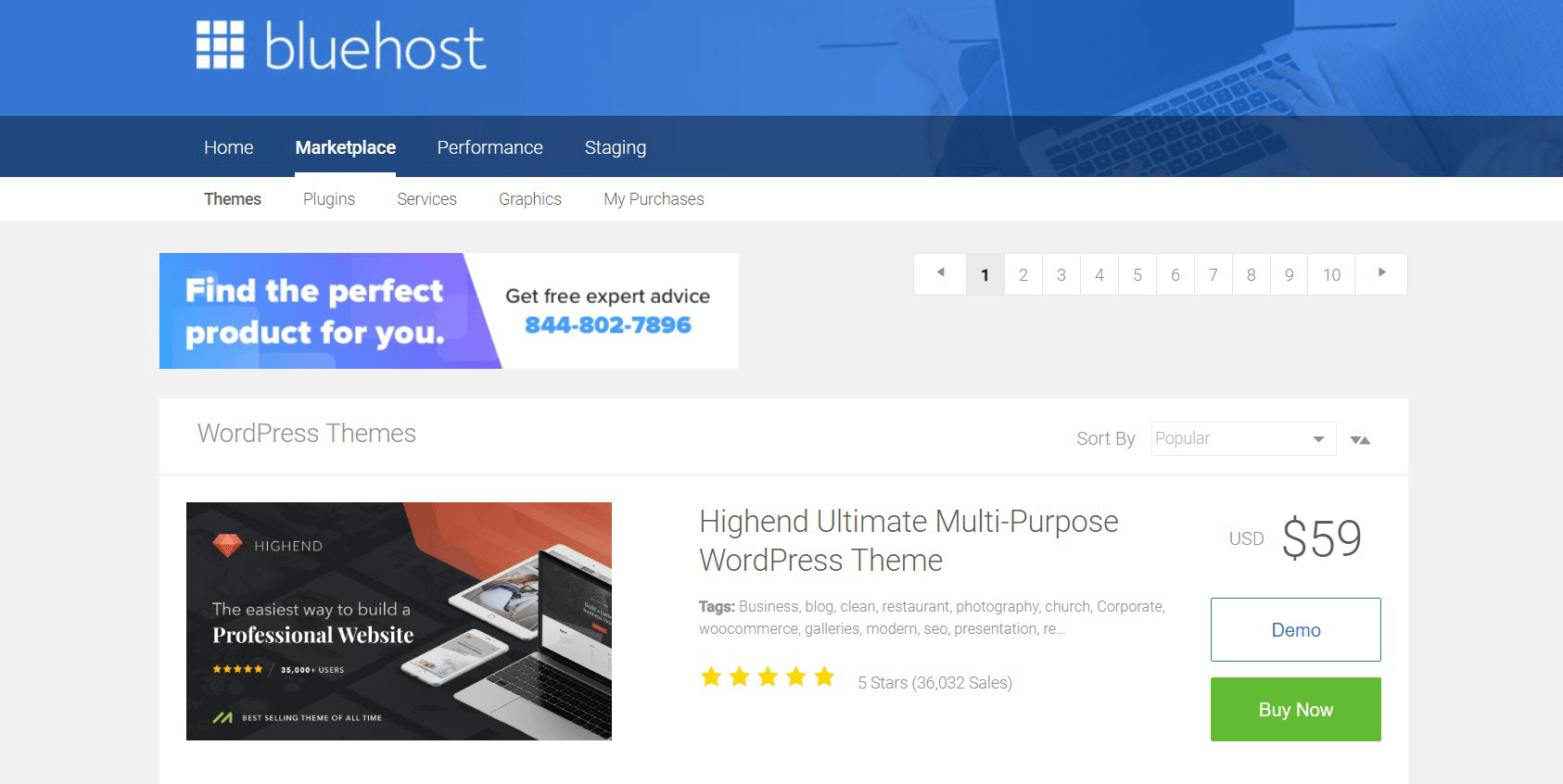 Bluehost theme marketplace in dashboard