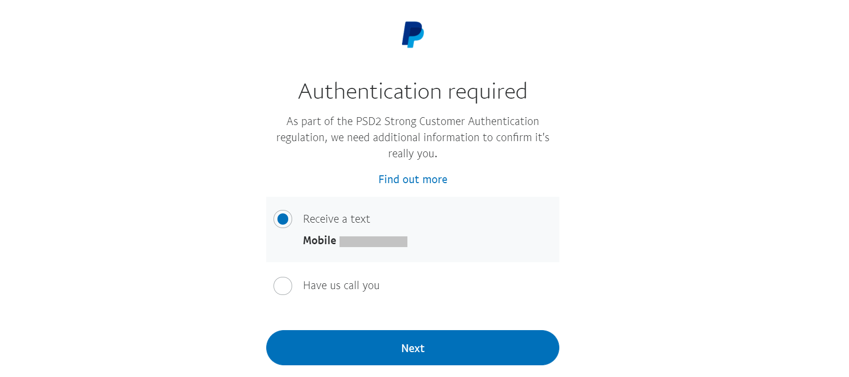 Two-factor authentication example on PayPal's website.