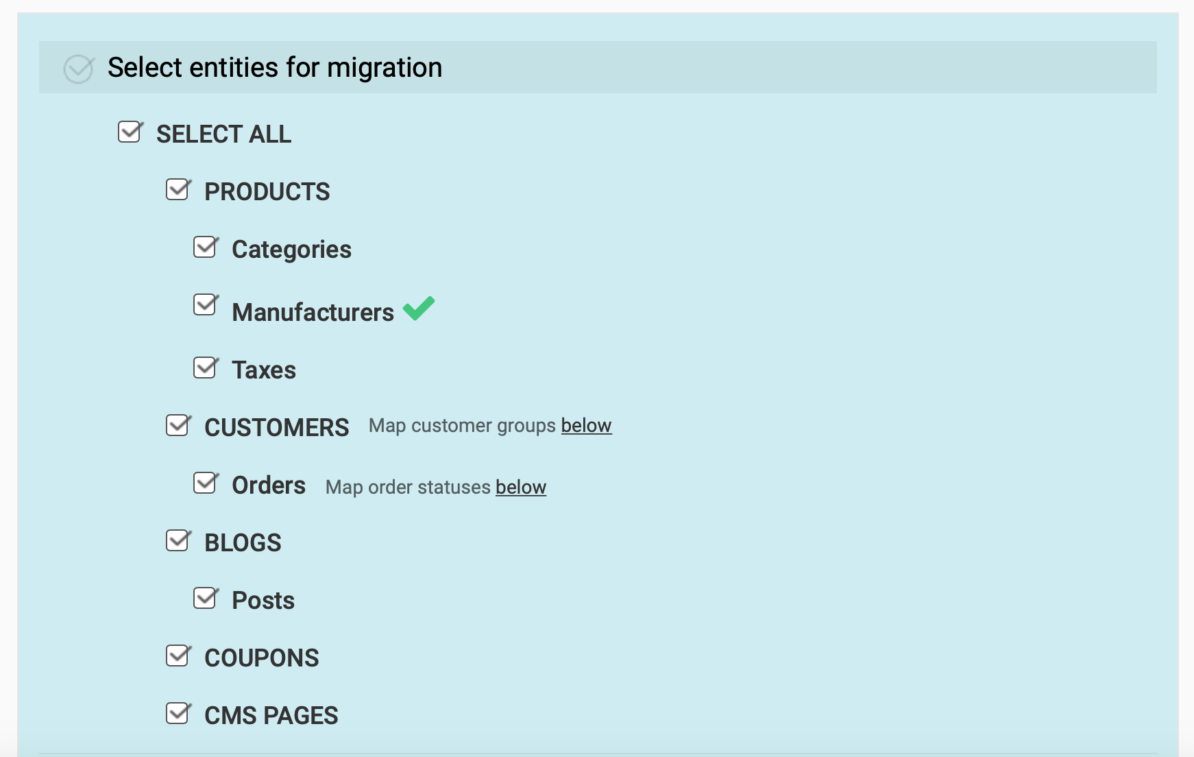A list of entities to migrate in Cart2Cart.