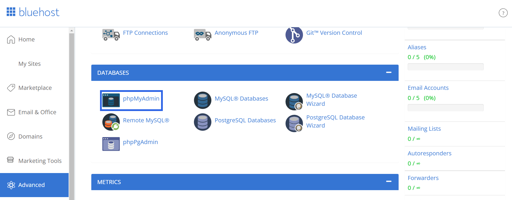 Truy cập công cụ phpMyAdmin thông qua bảng điều khiển Bluehost. 