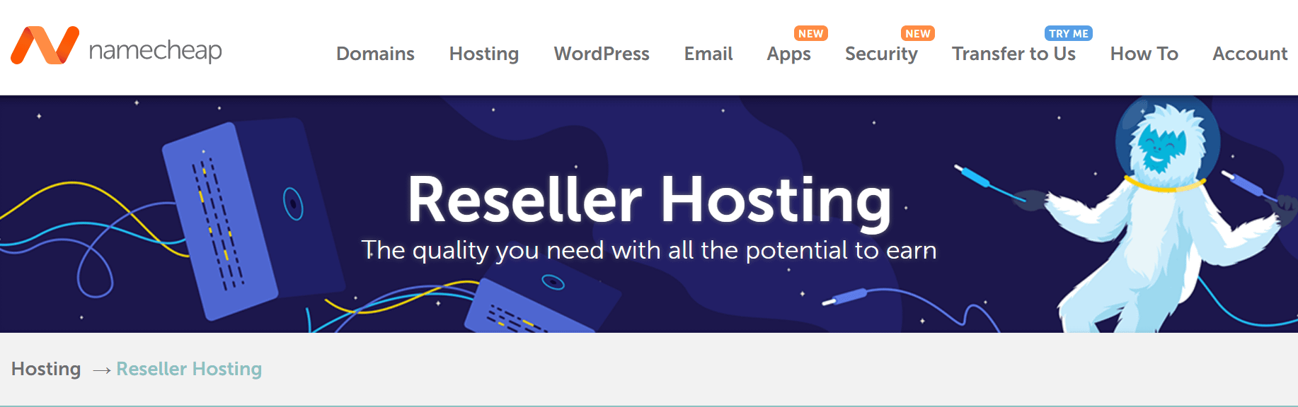 Namecheap's reseller hosting page.