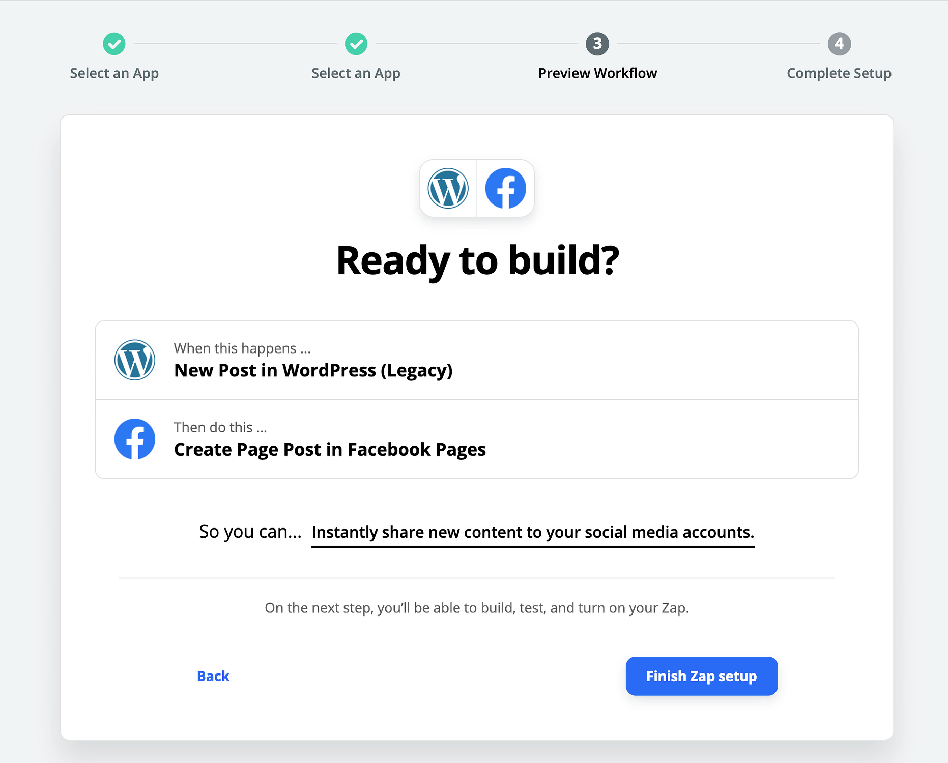 Setting up Zapier to post to Facebook & Twitter from WordPress with an existing workflow.