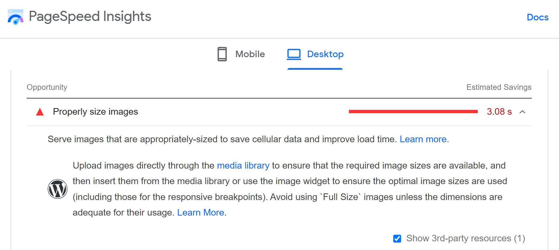 Đề xuất PageSpeed Insights để thay đổi kích thước hình ảnh có thể cải thiện điểm Contentful Paint lớn nhất của bạn. 