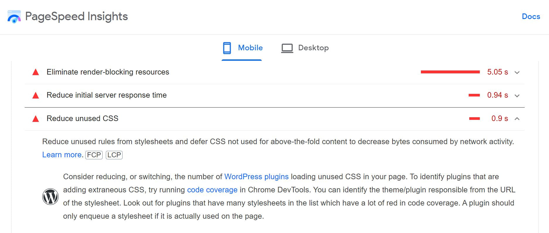 Đề xuất PageSpeed Insights để giảm CSS không sử dụng