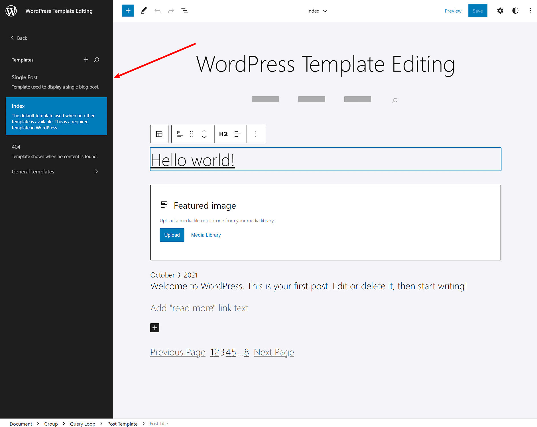 Chuyển đổi giữa các mẫu trong Trình chỉnh sửa trang web WordPress