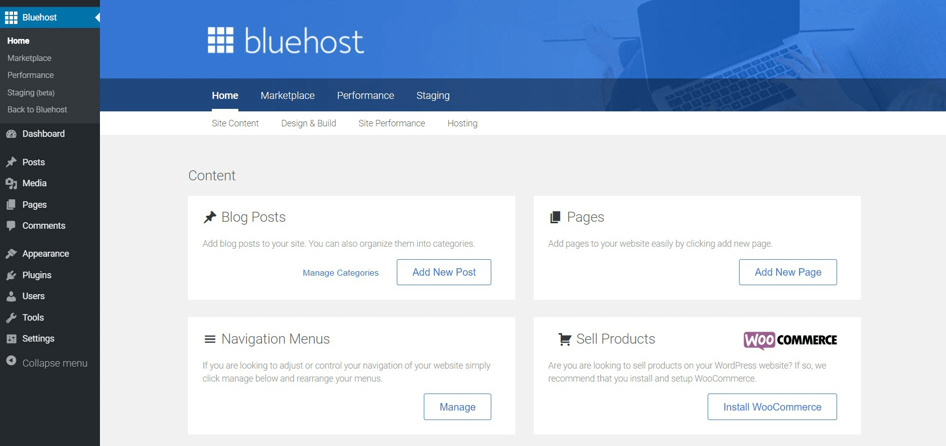 Bluehost vs Hostinger - Bluehost Menu