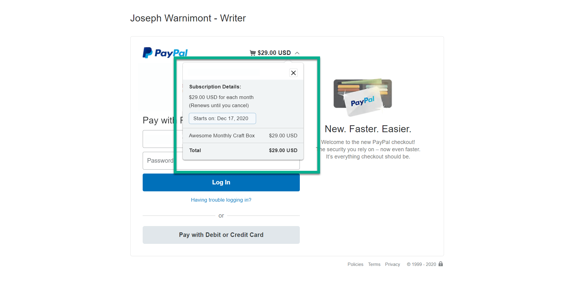 the paypal page 
