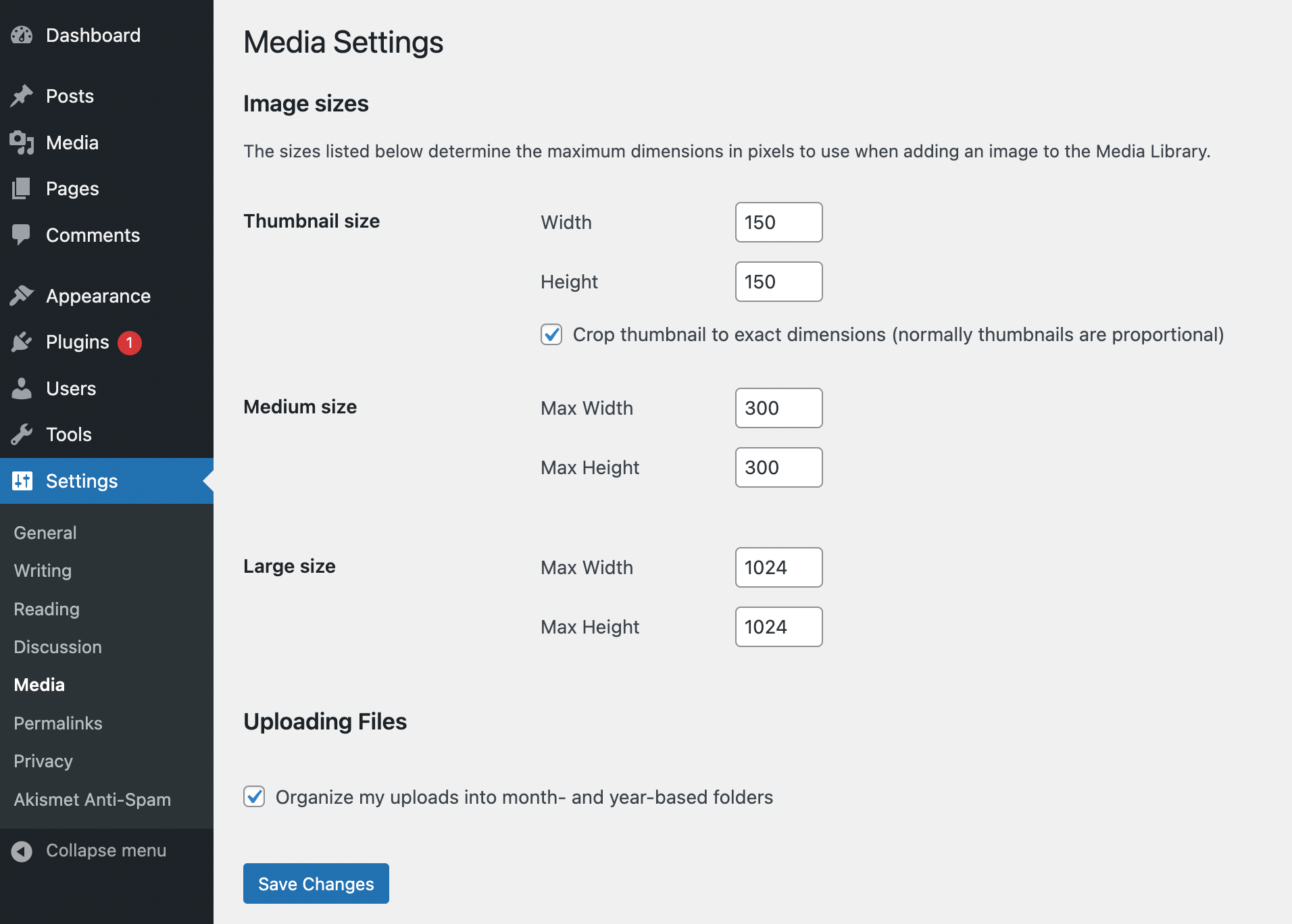 WordPress media settings