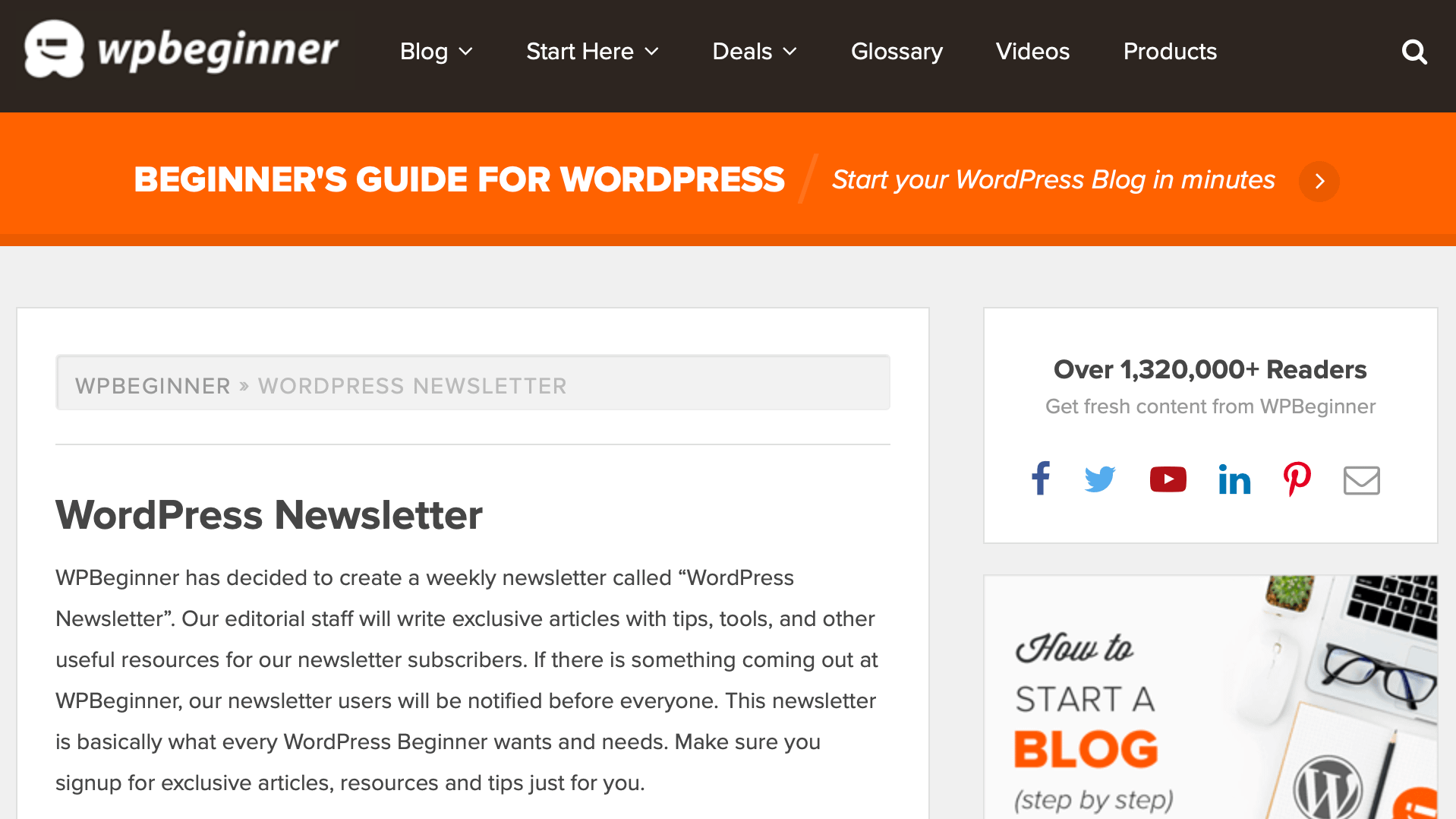 The WPBeginner newsletter signup page. 
