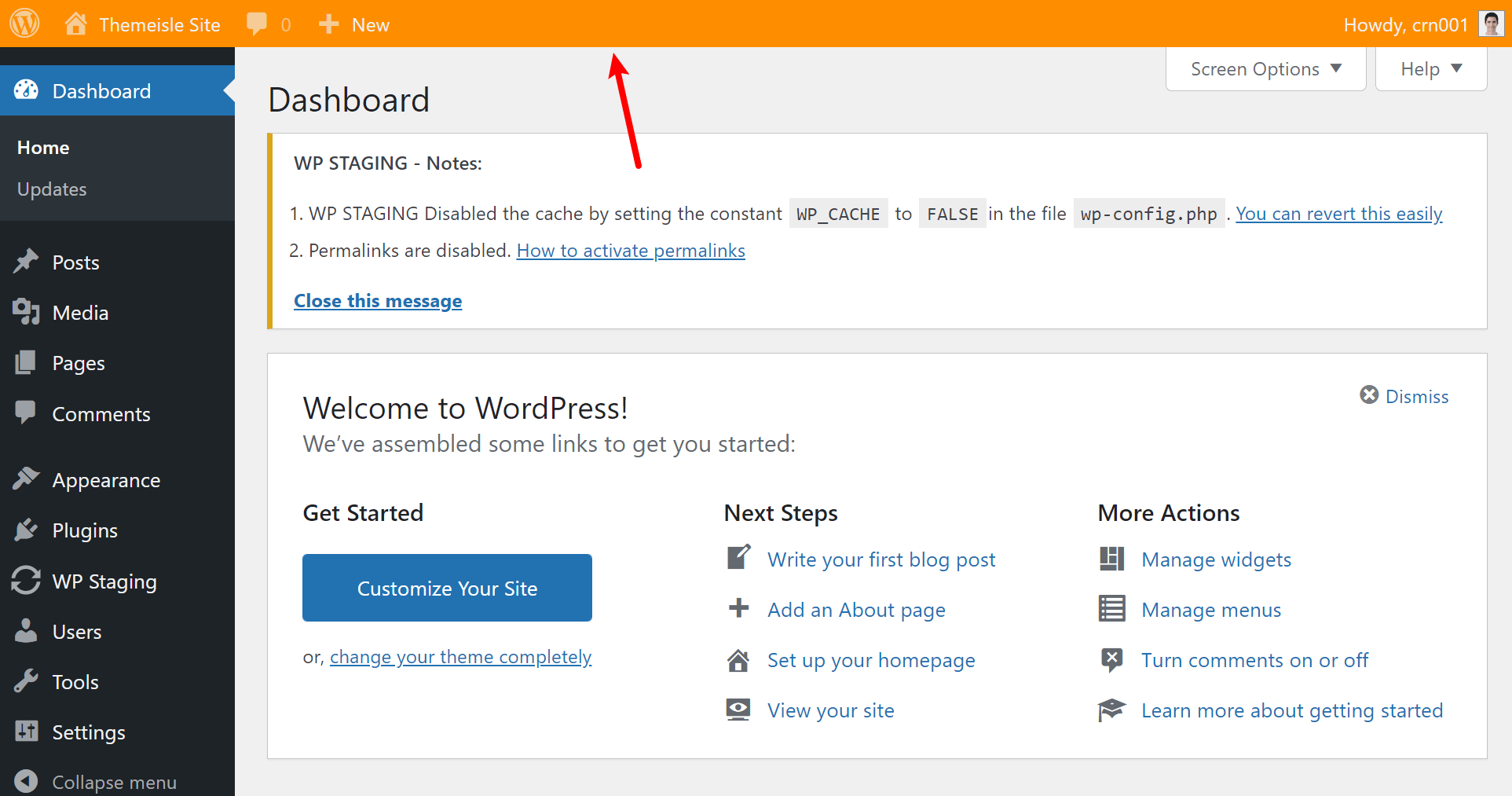 The orange bar tells you that you're looking at the staging version of your site