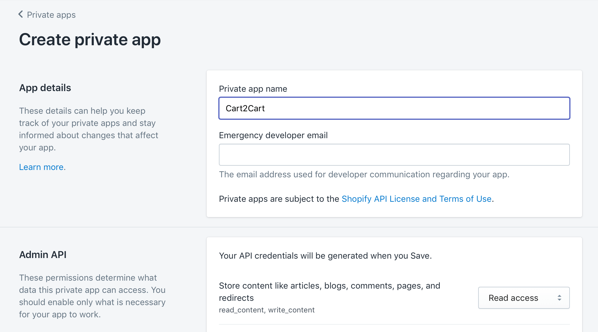 The Shopify private app settings. 