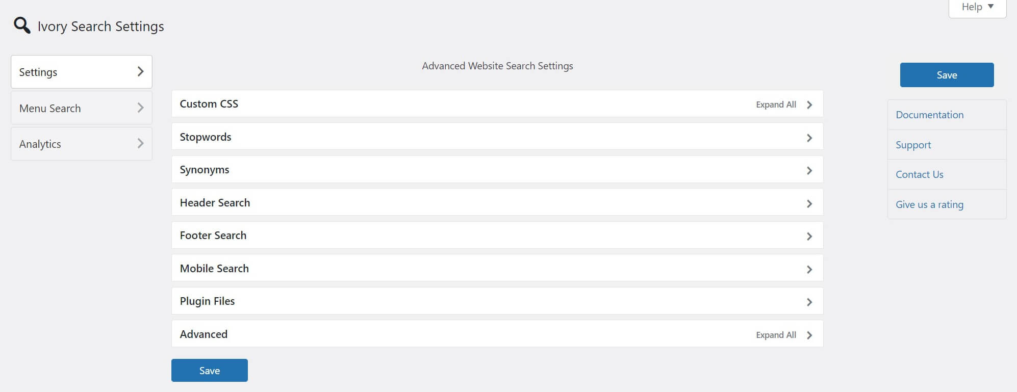 The Ivory Search settings screen.