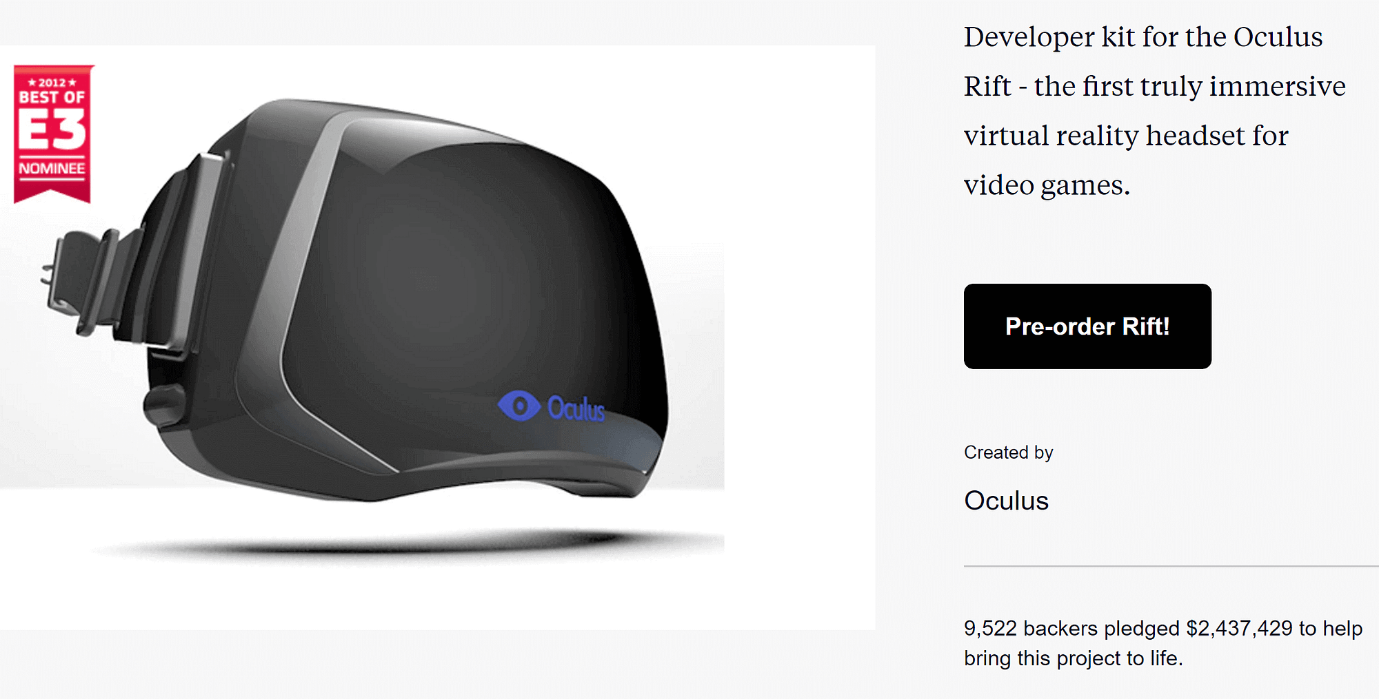 The Oculus Rift Kickstarter page.