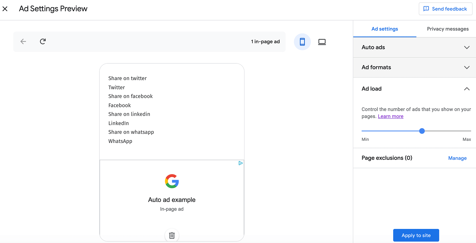 Google's ad load settings.