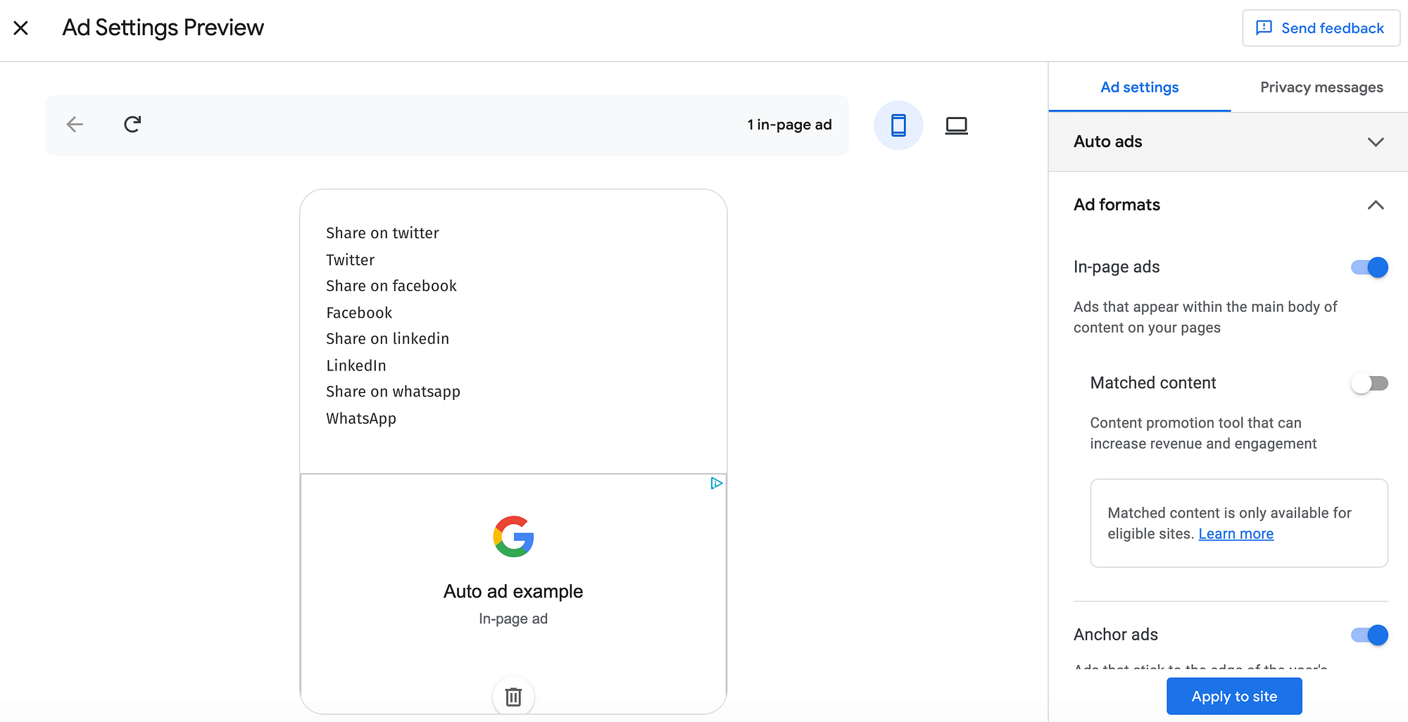 Google's ad format settings.