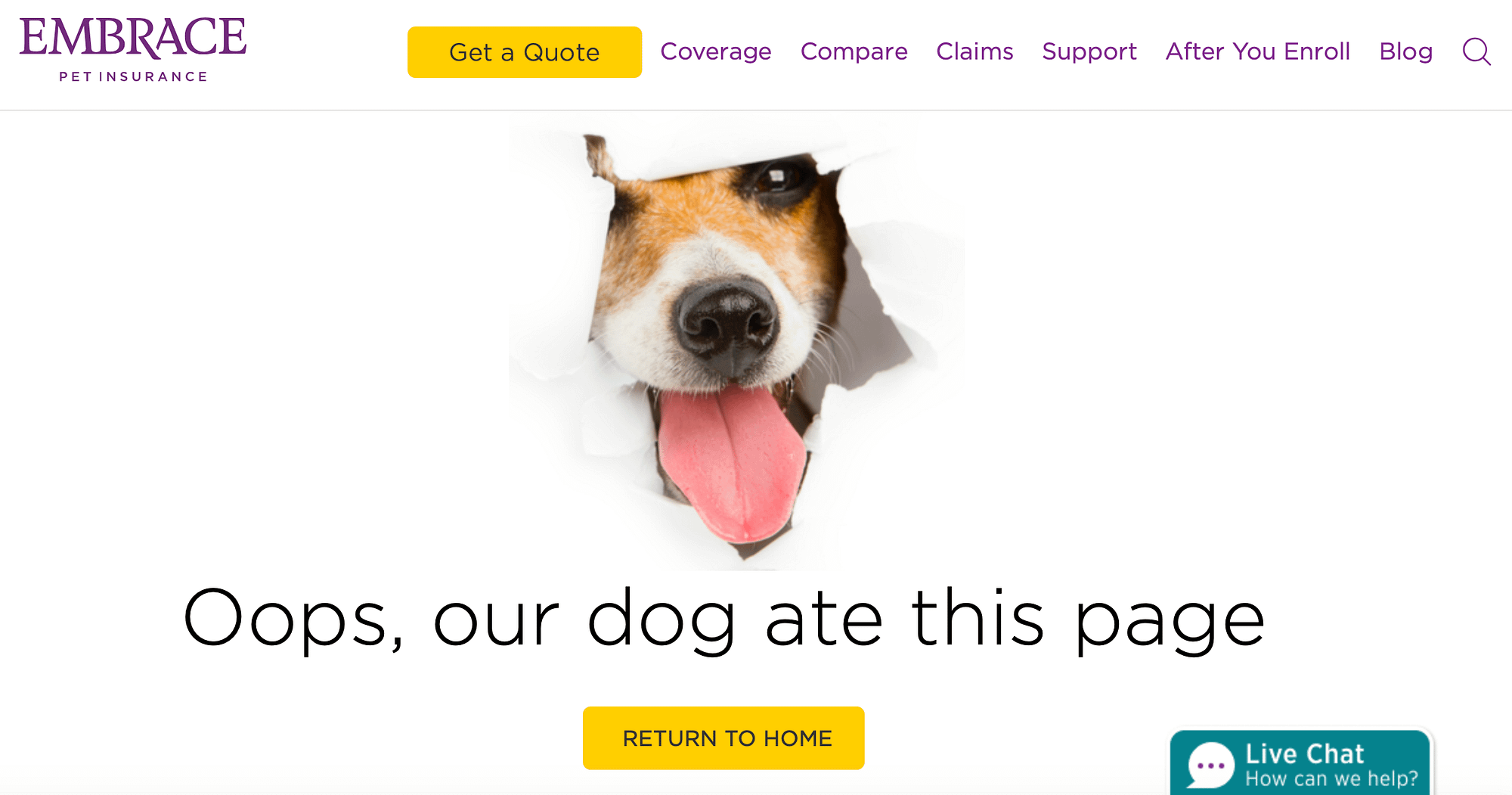 The Embrace Pet Insurance 404 error page.
