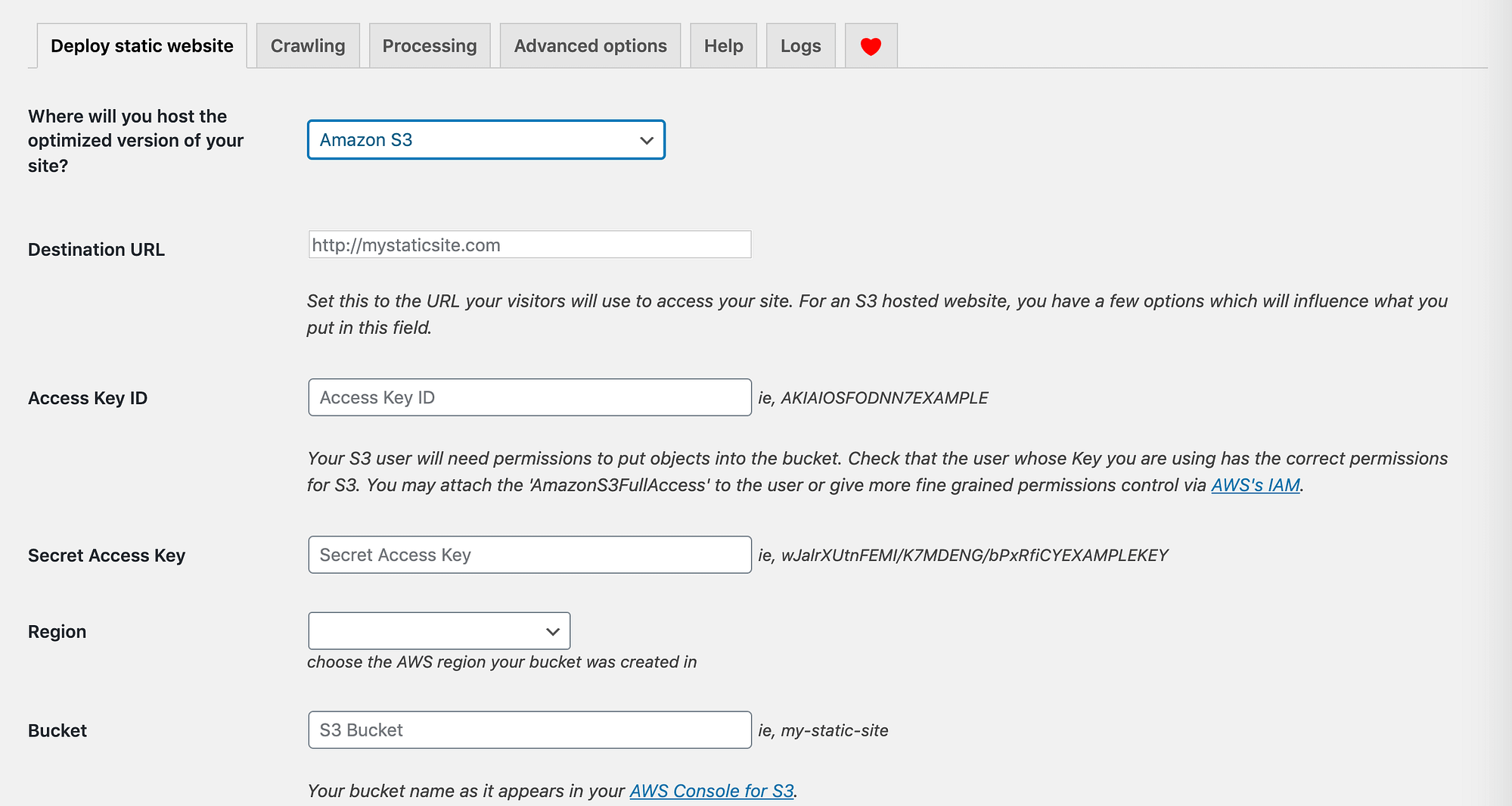 The WP2Static Amazon S3 setup configuration fields.