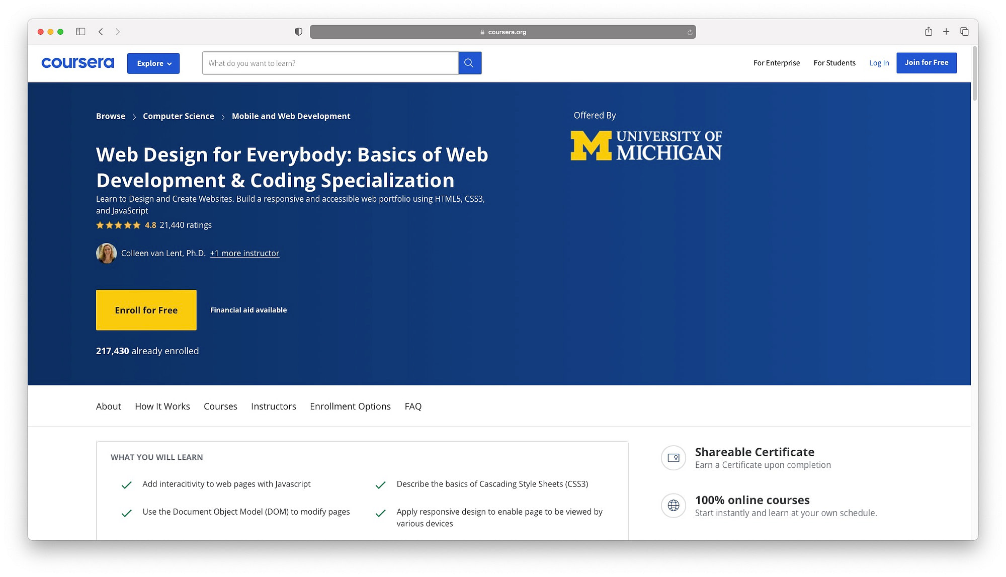 Web design courses online don't come cheaper than Coursera's free offer from University of Michigan
