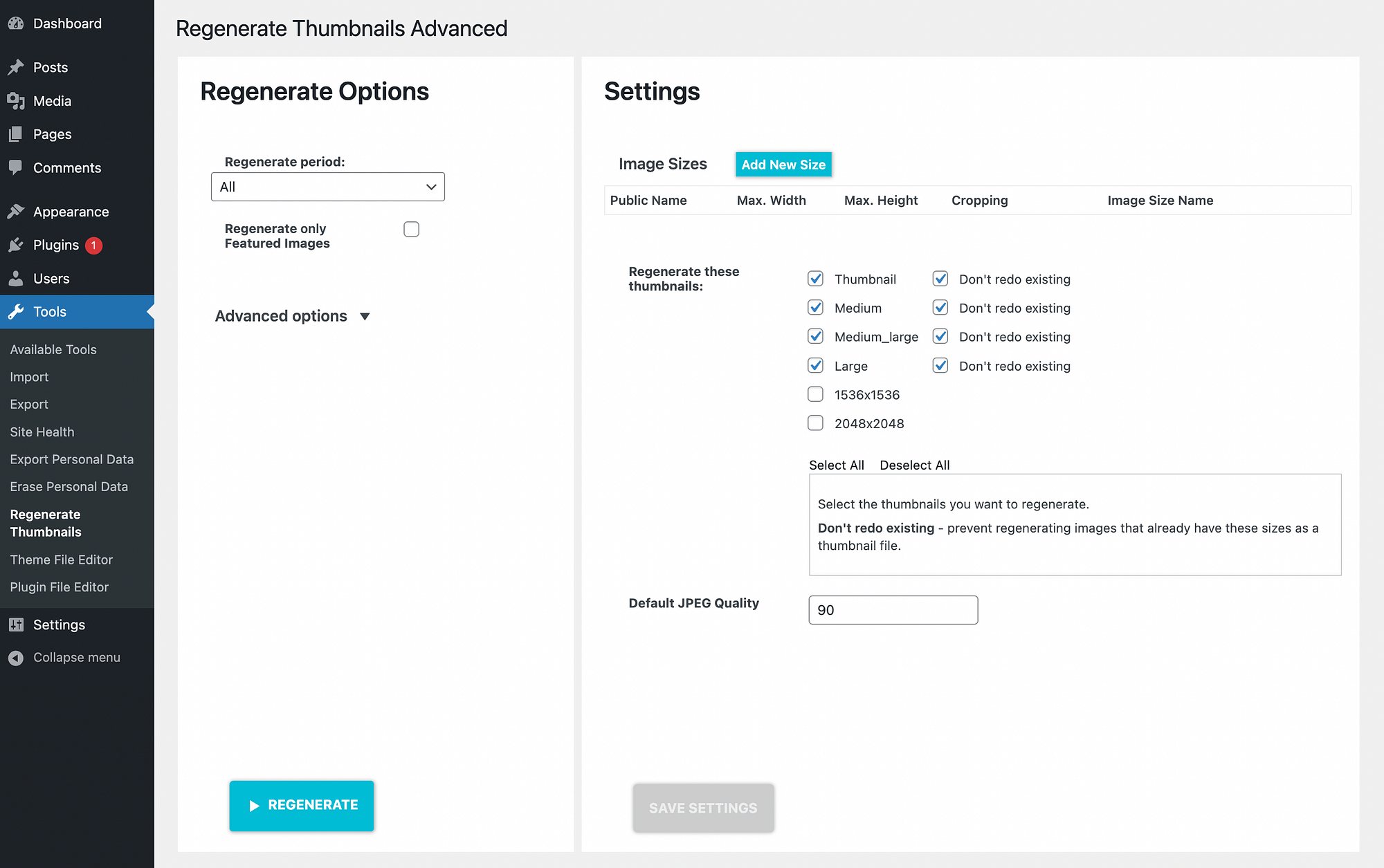 Regenerate Thumbnails settings