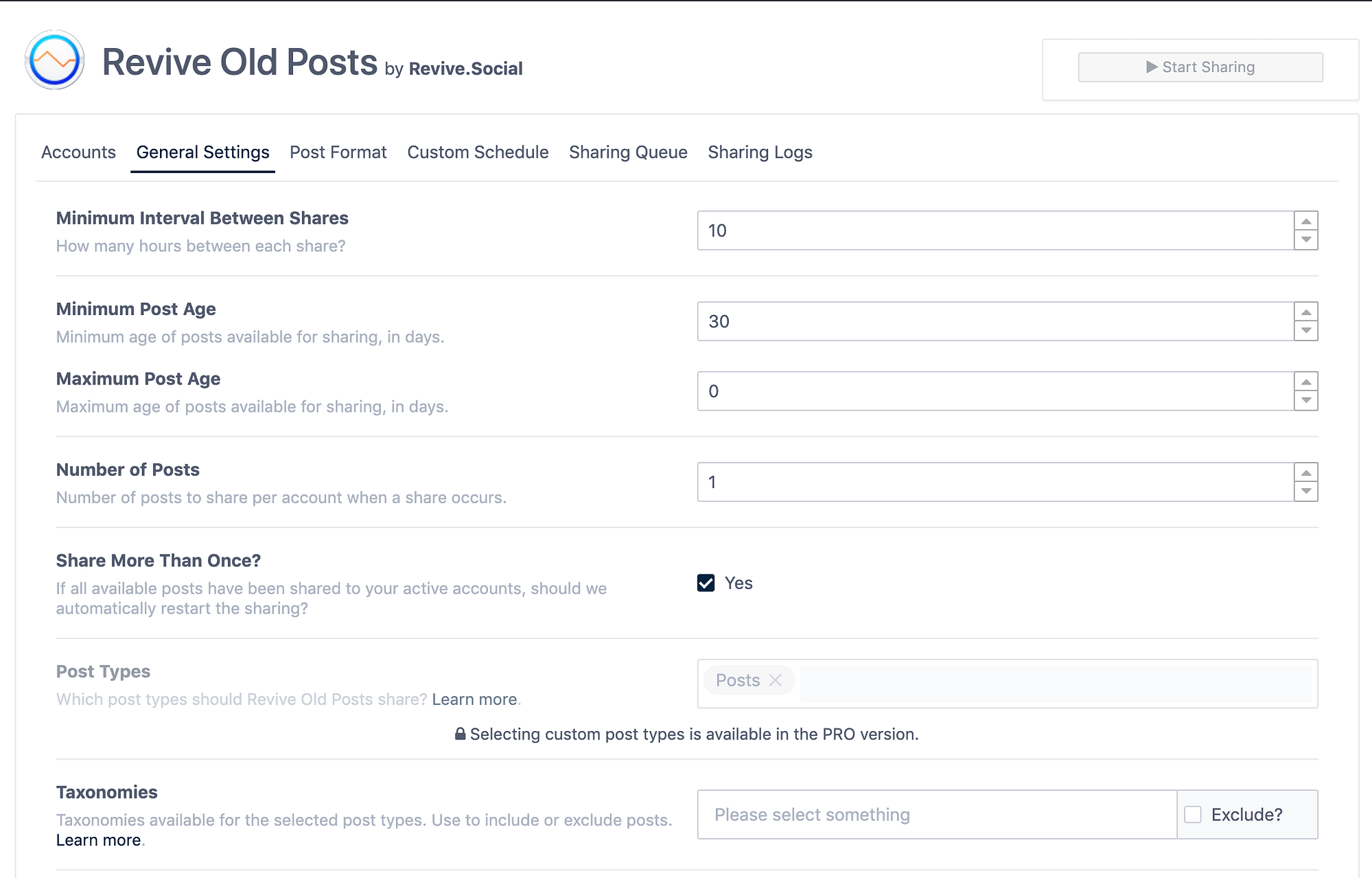 Configuring Revive Old Posts to automatically post to Facebook & Twitter from WordPress' settings.