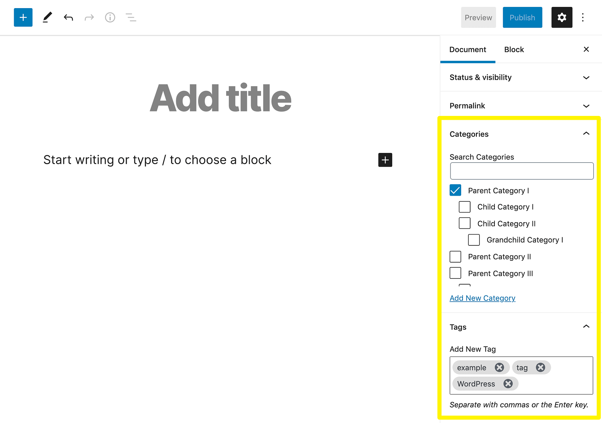 Adding WordPress categories and tags in the Block Editor.