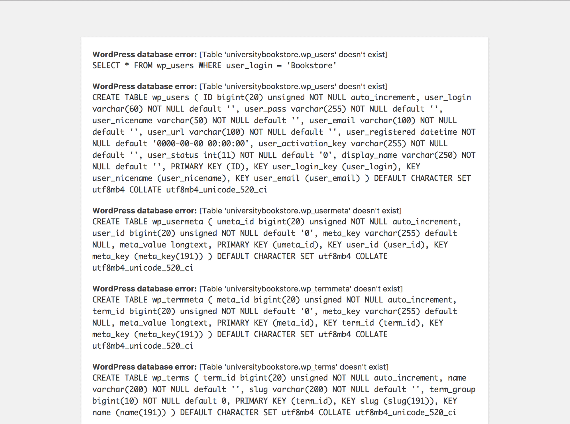 An example of a lengthy database error that can make an SQL WordPress injection more likely.