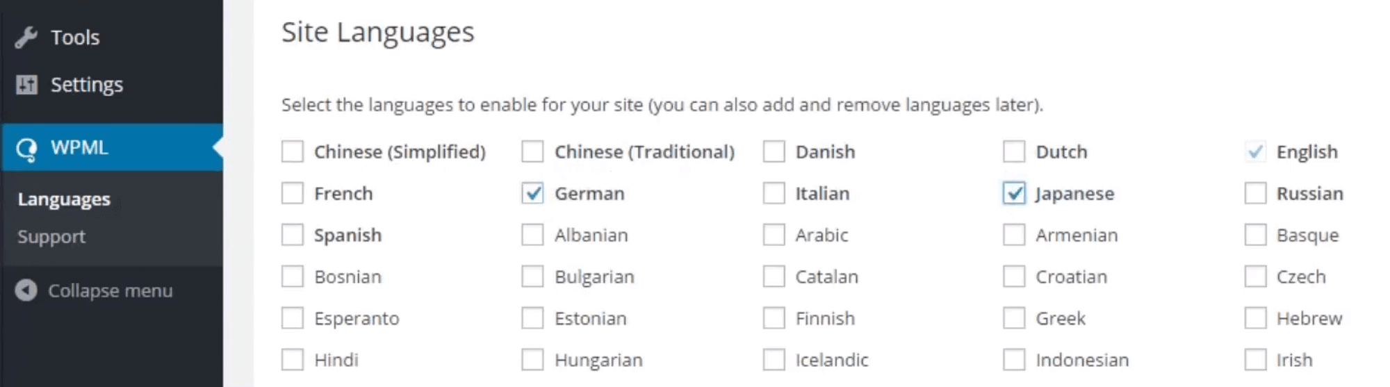 The option to add new languages to your website.
